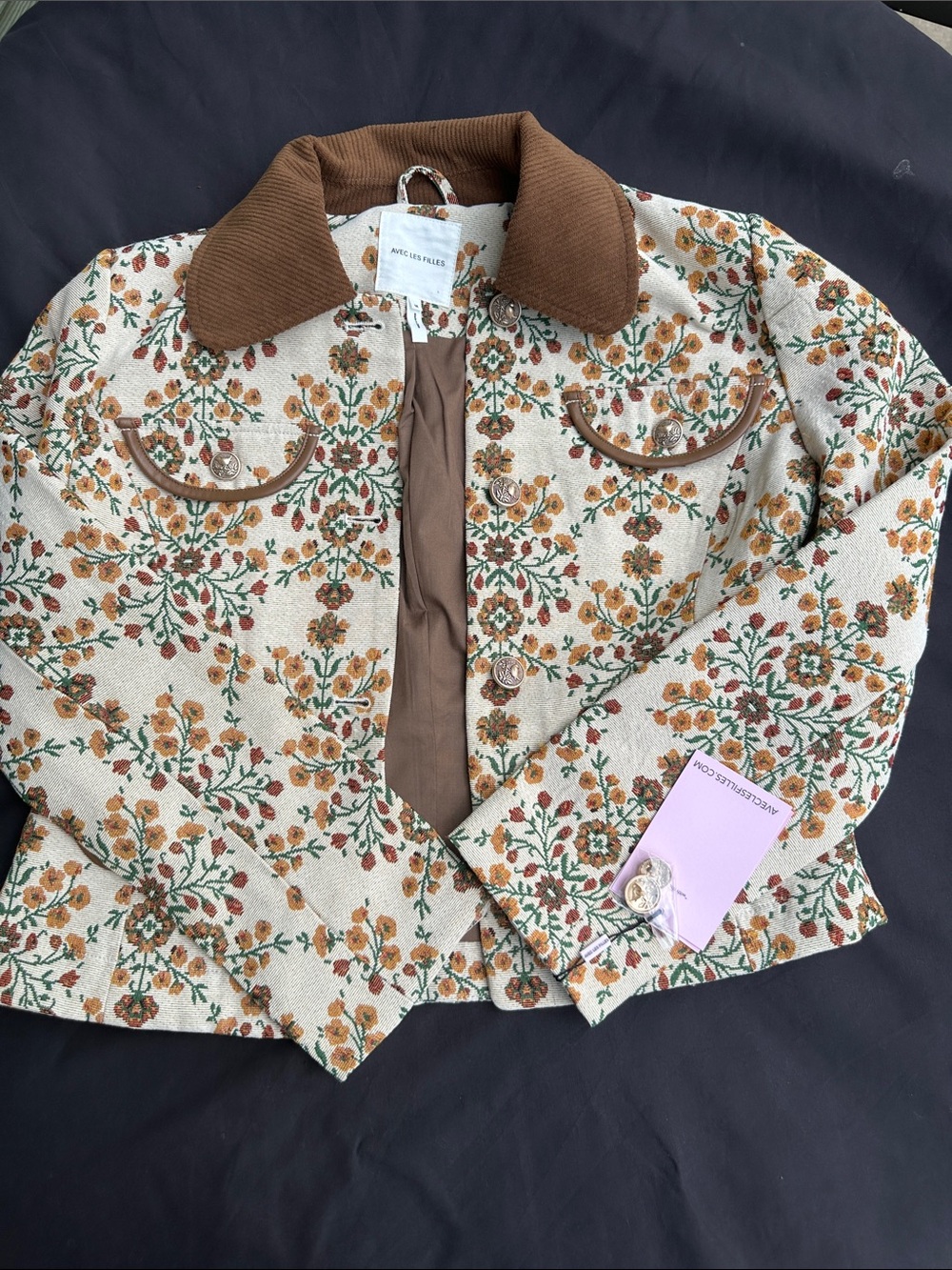 Avec Les Filles Floral Jacquard Cropped Jacket in Cream, Brown and Green